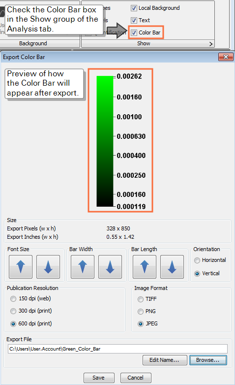 Export Color Bar Dialog with annotations