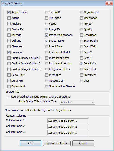 Image Studio image columns dialog