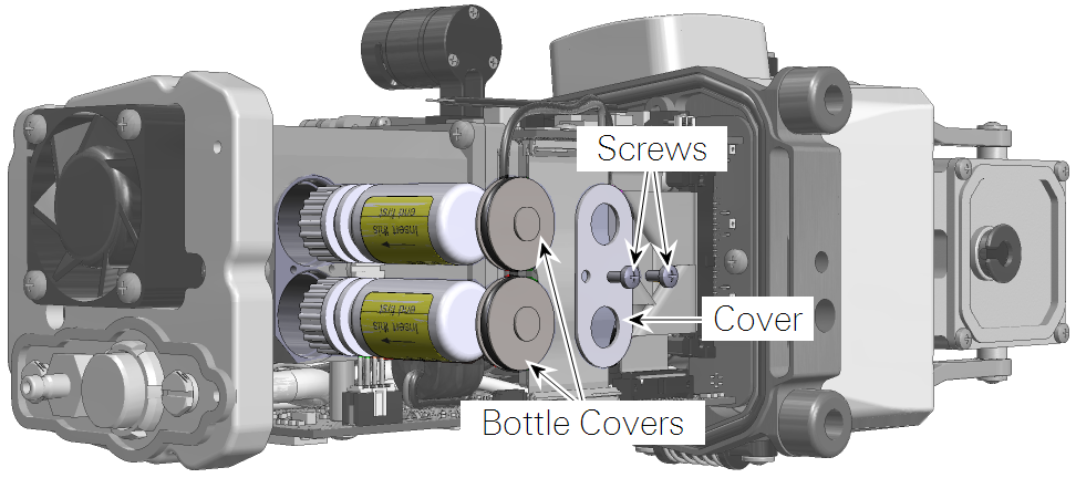 The scrubber bottles are secured with caps, a plate, and two screws.