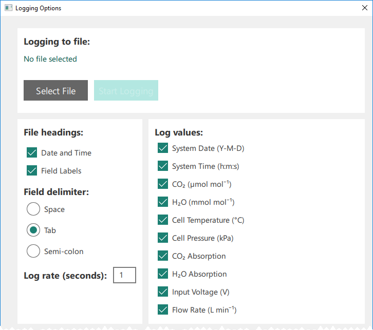 PC data logging options for the LI-850 and LI-830 configure the logging parameters. Similar for the LI-870 in stand-alone applications.